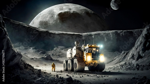 Fototapeta Naklejka Na Ścianę i Meble -  Astronaut and huge futuristic vehicle explore on an alien planet with space background. Generative AI