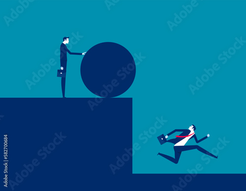 Tries to push the iron ball. Business betrayal and crisis concept