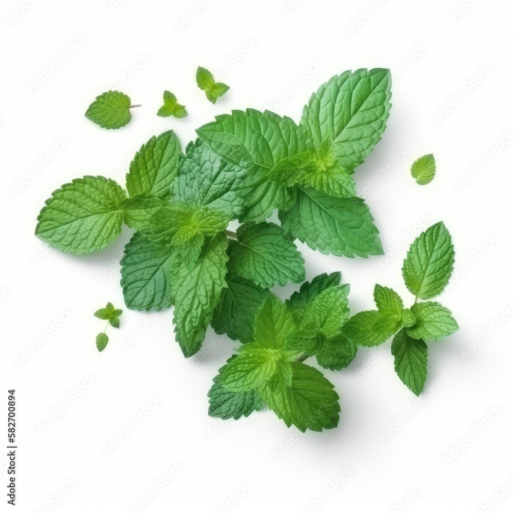 Mint leaf mockup. Fresh flying green mint leaves, lemon balm, melissa, peppermint isolated on white background. generative ai Mint leaf mockup. Fresh flying green mint leaves, lemon balm, melissa, peppermint isolated on white background. generative ai