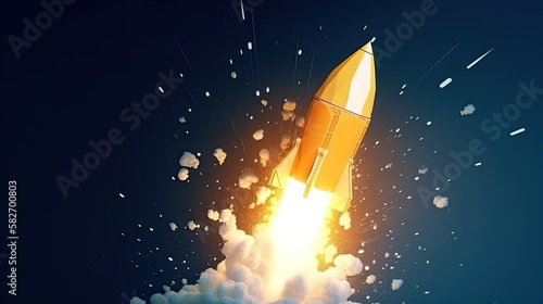 Ideas inspiration concepts of yellow light bulb blasting off like rocket on blue background. Business start up or goal to success. generative ai