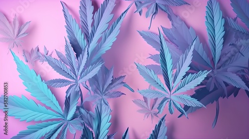 Cannabis leaves banner. Cannabis marijuana foliage with a purple pink pastel tint. Large purple leafs of cannabis plant on blue background, generative ai