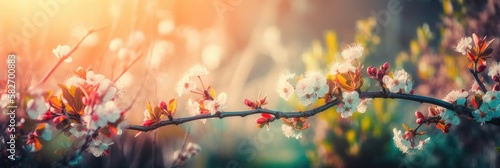 abstract nature background with spring blooming flowers ; spring blossoms landscape, generative ai