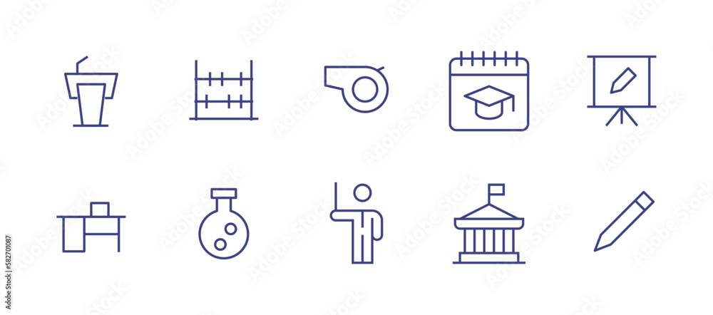 Education line icon set. Editable stroke. Vector illustration. Containing podium, abacus, whistle, semester, presentation edit, desk, flask, lecturer, political science, pencil.