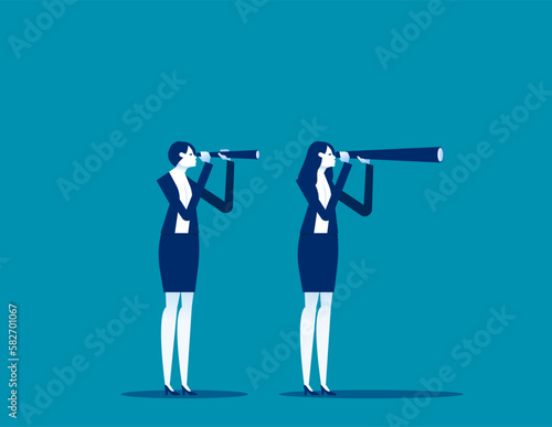 Business person holding large and small telescope. Business searching vector illustration