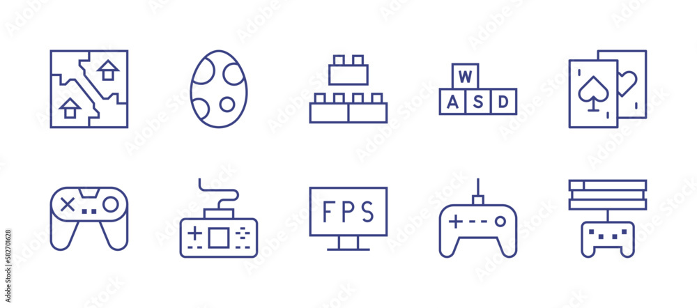 Gaming line icon set. Editable stroke. Vector illustration. Containing map, egg, Bricks, blocks, card game, gaming, game console, fps, gamepad, console.