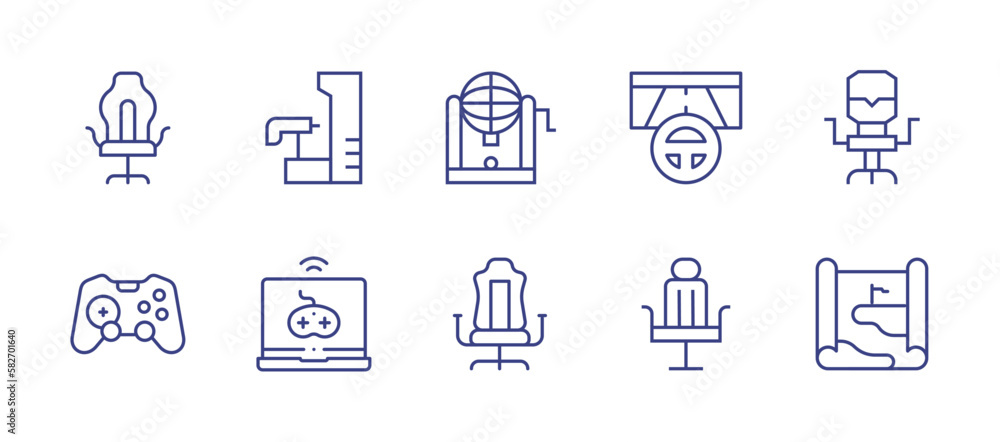 Gaming line icon set. Editable stroke. Vector illustration. Containing gaming chair, gun, bingo, steering wheel, game controller, gaming, game map.