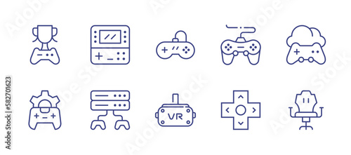 Gaming line icon set. Editable stroke. Vector illustration. Containing winner  game console  gamepad  game  cloud  gaming  server  vr glasses  controller  gaming chair.