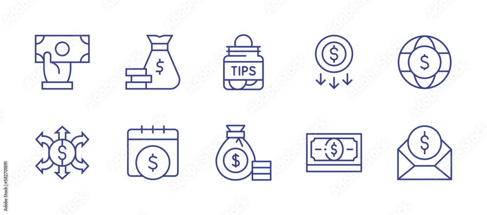 Money line icon set. Editable stroke. Vector illustration. Containing banknote, money bag, tips, cost, money, money flow, profit, subsidy.