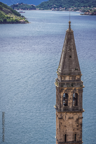 Bell tower of St Nicholas Church in Perast village, Kotor Bay in Montenegro photo