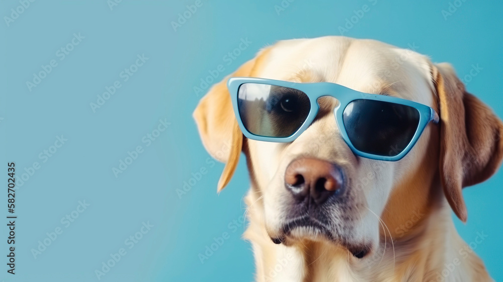 Banner with golden retriever in sunglasses. Copy space. Generative AI.