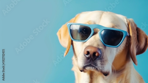 Banner with golden retriever in sunglasses. Copy space. Generative AI. © YULIYA
