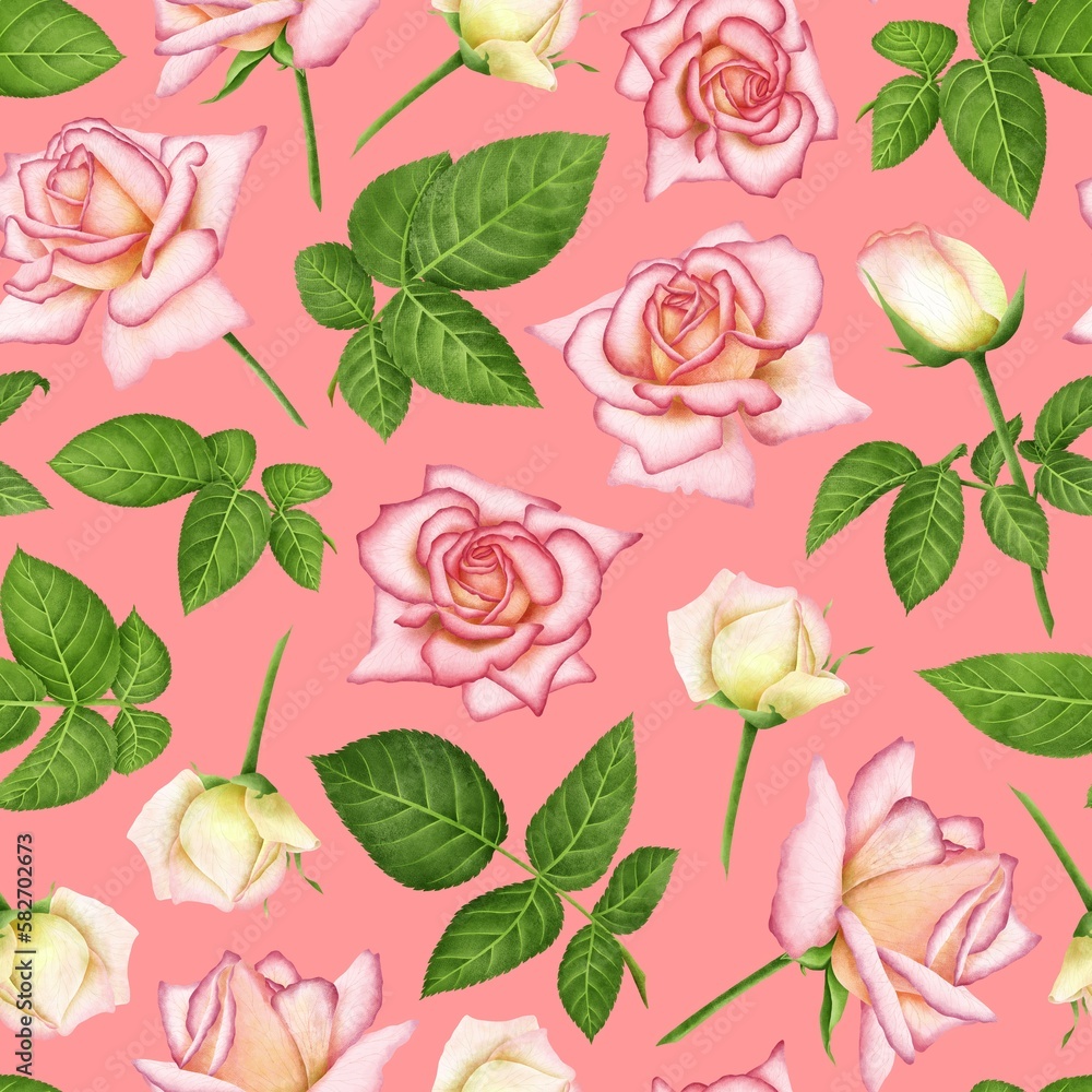 PINK SEAMLESS BACKGROUND WITH BLOOMING DIGITAL WATERCOLOR ROSES PINK SEAMLESS BACKGROUND WITH BLOOMING DIGITAL WATERCOLOR ROSES
