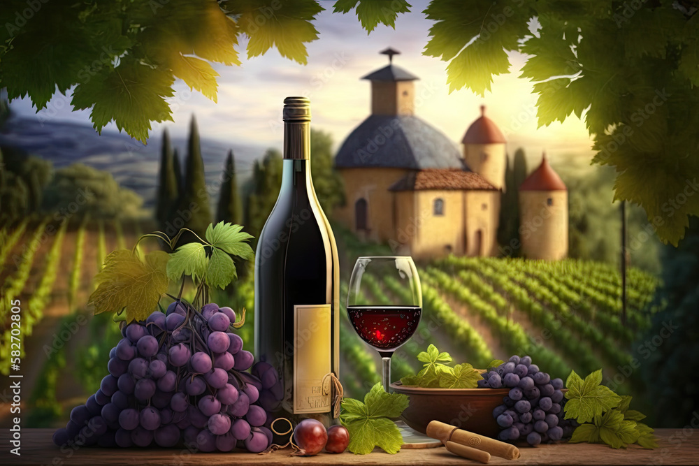 Delicious wine in picturesque vineyard, generative AI