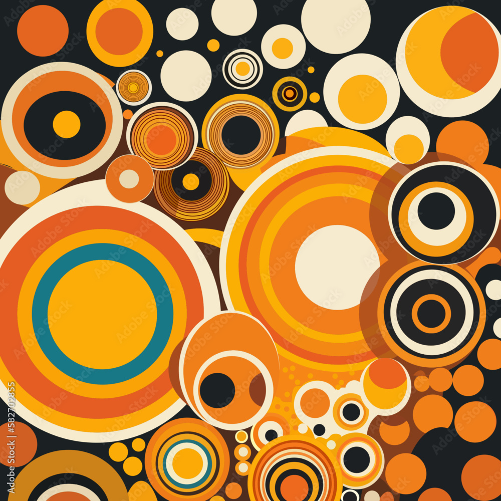 Fototapeta premium Posters in retro style of the 70s, Flowers, circles, abstraction and psychedelic patterns. Bright and warm color palette, shades of orange, yellow, green and pale blue