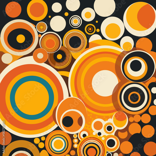 Posters in retro style of the 70s  Flowers  circles  abstraction and psychedelic patterns. Bright and warm color palette  shades of orange  yellow  green and pale blue