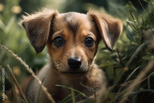 Naturalistic portrait of a tiny puppy in the grass. Generative AI