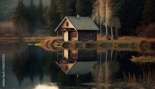 Rustic cabin on the edge of a tranquil lake photo