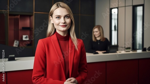 hôtesse d'accueil en tailleur rouge dans une agence - generative ai photo