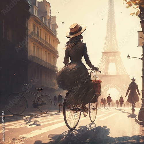 Eine hübsche Frau mit Hut auf einem Fahrrad, im Hintergrund der Eiffelturm. Impressionist Stil.