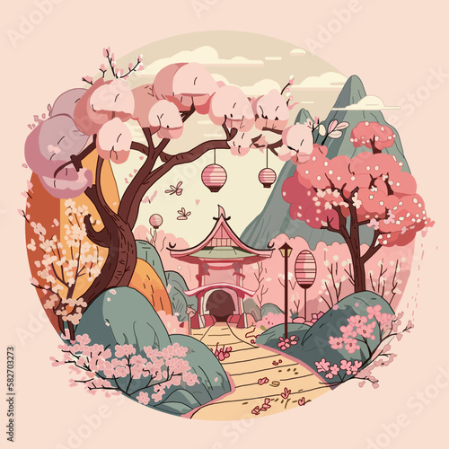 Landscape with pink cherry blossoms and pagoda in Japanese garden. Fujiyama and pink lanterns, sakura festival. The Hanami Festival is a national Japanese tradition.