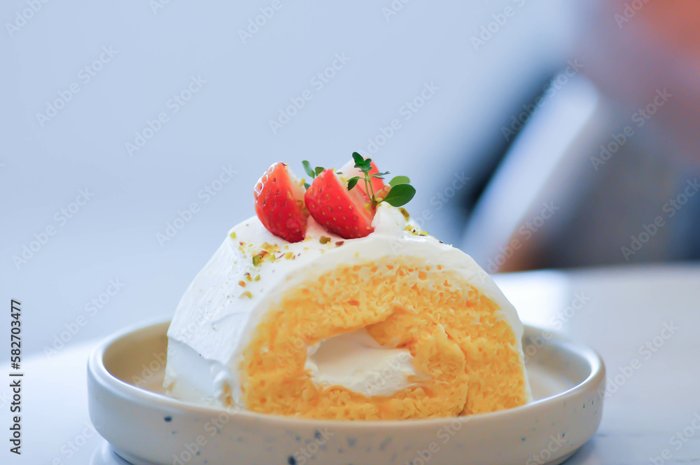 roll , cake roll or Swiss roll with strawberry roll , cake roll or Swiss roll with strawberry