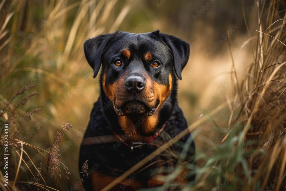 While strolling in the bush, a female rottweiler dog stands in long grass and looks at the camera. Generative AI