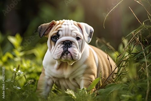 Outside on the beautiful grass, a playful English Bulldog puppy. Generative AI