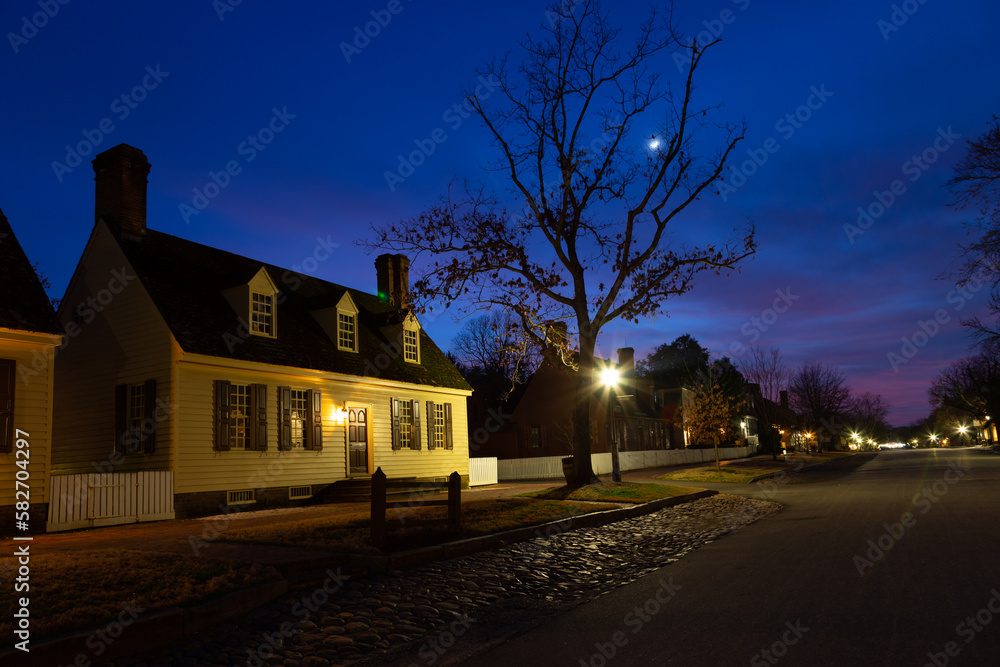 The Duke of Gloucester street seen during a winter evening, Williamsburg, Virginia, USA