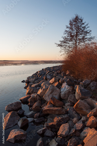 Rocky shoreline of a lake in spring