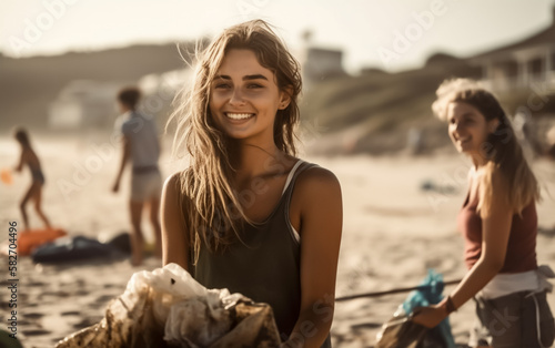 Young girl collecting Plastic Trash from a Beach with her friends. Concept of recycling and ocean clean up. Shallow field of view. Illustrative Generative AI.