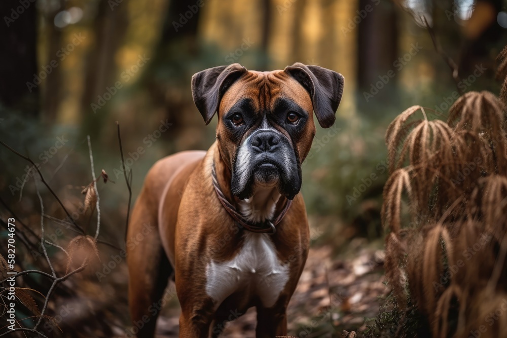 PORTRAIT OF A BOXER DOG IN THE FOREST. Generative AI