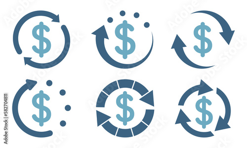 Set of exchange, transfer or convert money vector icons. Arrows around  with dollar. Refund or return finance. Cash back icons.