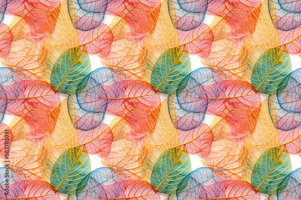 Background from colorful skeletonized leaves. AI generated.