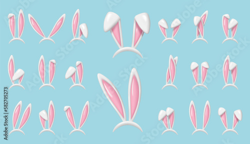 3d Easter bunny ears set isolated. Realistic white hare ears collection. Plastic funny cartoon rabbit ears band