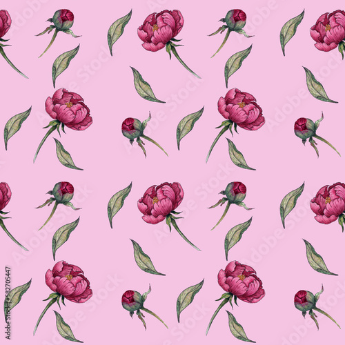 Seamless pattern of bright peonies and green leaves
