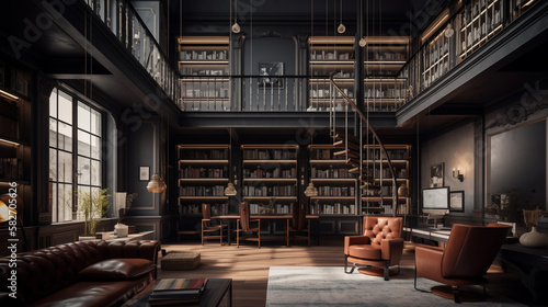 Interior of panorama bookshelf. Many old books in a book shop or library - Generative AI technology