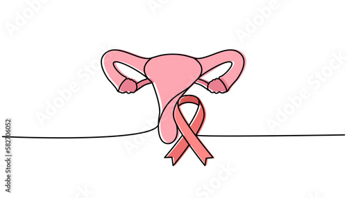 Human reproductive system with ribbon one line colored continuous drawing. Cancer awareness ribbon, AIDS continuous one line colorful illustration.