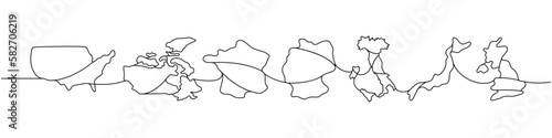 Group of Seven countries one line continuous drawing. USA, Canada, France, Germany, Italy, Japan, United Kingdom countries one line illustration.