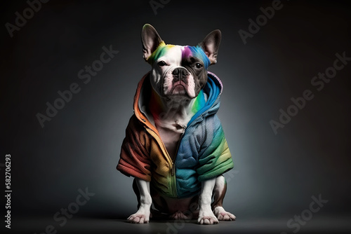 Adorable bulldog proudly wearing rainbow clothing on studio background, representing love, inclusivity, and acceptance at LGBT pride event. Playful and expressive portrait of furry pet. Generative AI. © Pol Solé