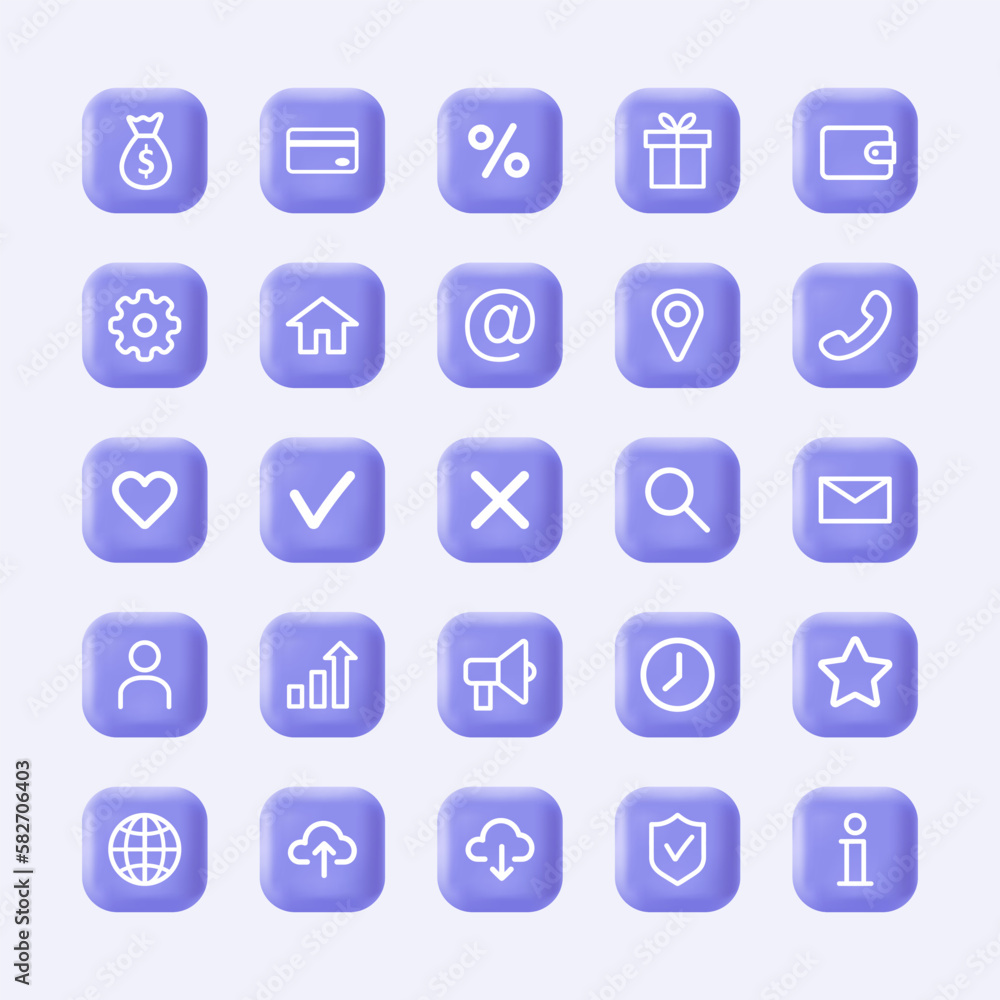 3d business and marketing icons. Set of financial symbols on realistic violet buttons. Modern infographic logos and pictograms. Vector flat illustration. 3d business and marketing icons. Set of financial symbols on realistic violet buttons. Modern infographic logos and pictograms. Vector flat illustration.