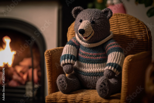 bear by the fireplace cozy atmosphere Generative AI photo