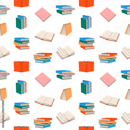 Closed and open books pattern. Stack of books line background. Bookstore, library line symbols. Literature, dictionaries, planners pattern.