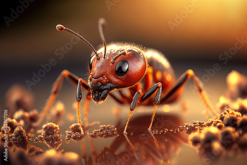 Macro image of ant in outdoor background at sunset. AI generative.