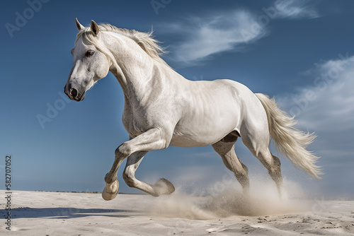 White horse run gallop in desert. digital ai art 