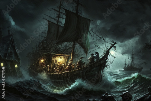 Fantasy illustration of pirates inside the boat in the storm in gloomy night. Generative AI.