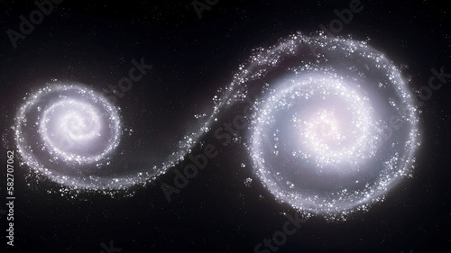 Fototapeta Naklejka Na Ścianę i Meble -  Galaxies gravitationally interact and exchange matter. A merger of two distant spiral galaxies. Interstellar gas with many stars.