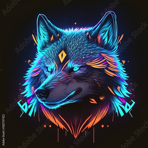 Neon Wolf Synthwave Poster. Generative AI Illustration