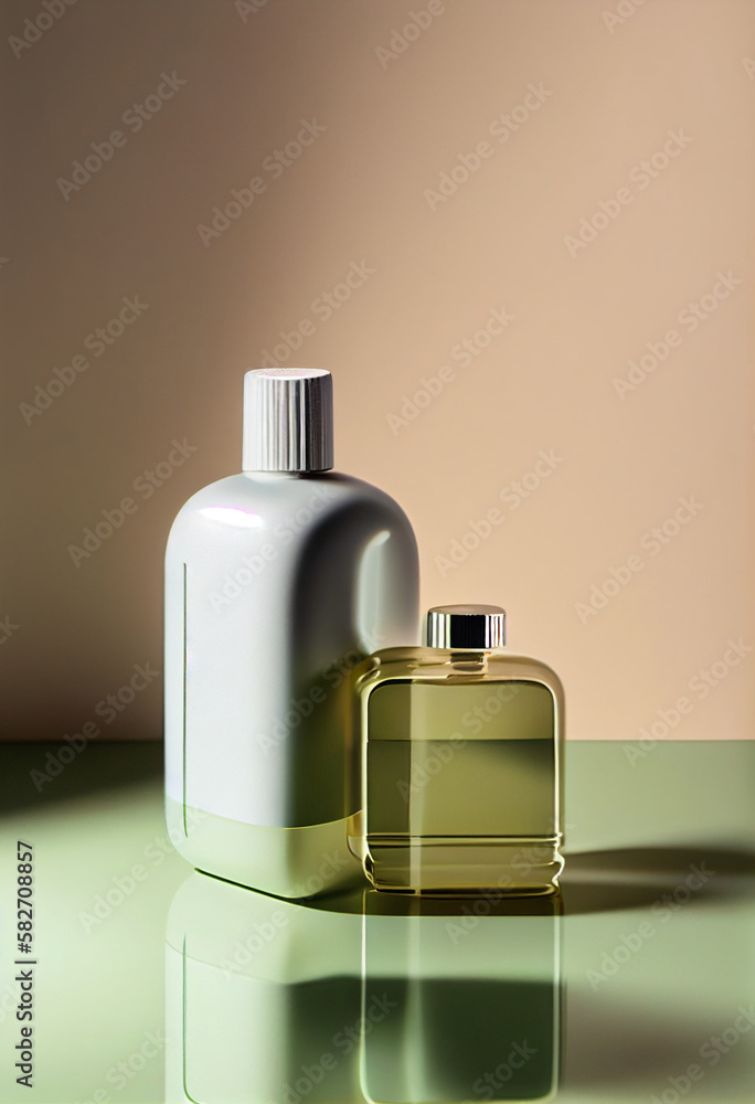 Mock up of beauty fashion cosmetics bottle on light background, sunlight, beautiful shadows. AI Generated Mock up of beauty fashion cosmetics bottle on light background, sunlight, beautiful shadows. AI Generated