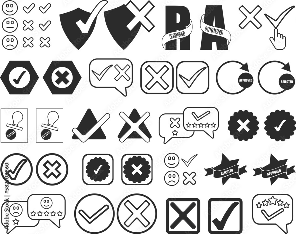 Approve and reject icon set, check mark icon set black vector 