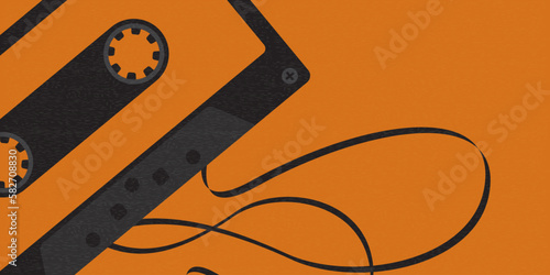 Cassette with tape out black and orange colors illustration have blank space.